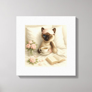 Cat is drinking coffee in bed canvas print