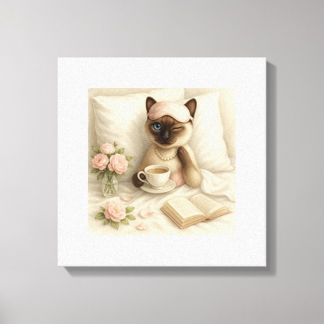 Cat is drinking coffee in bed canvas print (Front)