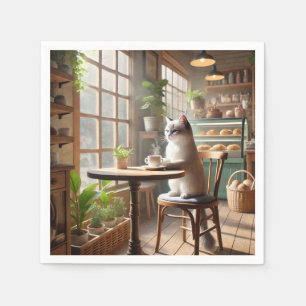 Cat is drinking coffee in cafe  napkin