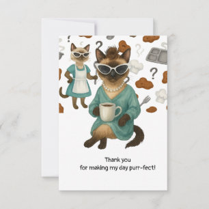 Cat is drinking coffee with cat cooking steak thank you card
