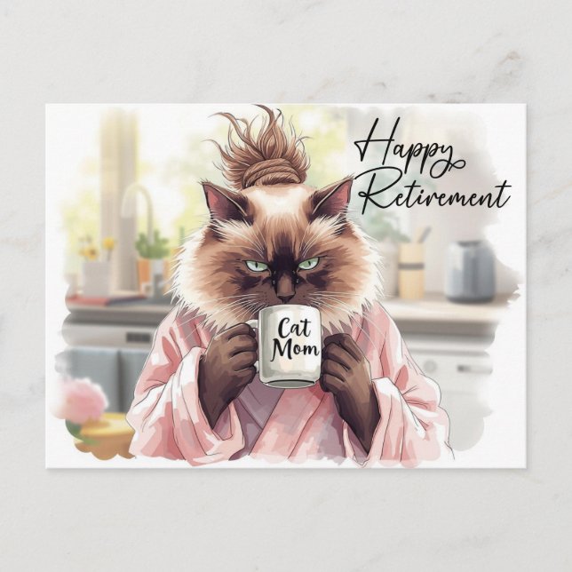 Cat is drinking tea Happy retirement Postcard (Front)