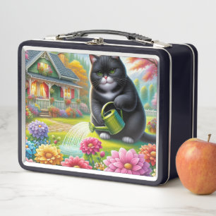 Cat is giving water for flowers plants metal lunch box