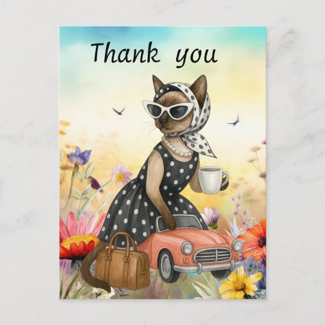 Cat is in flower field  thank you card (Front)