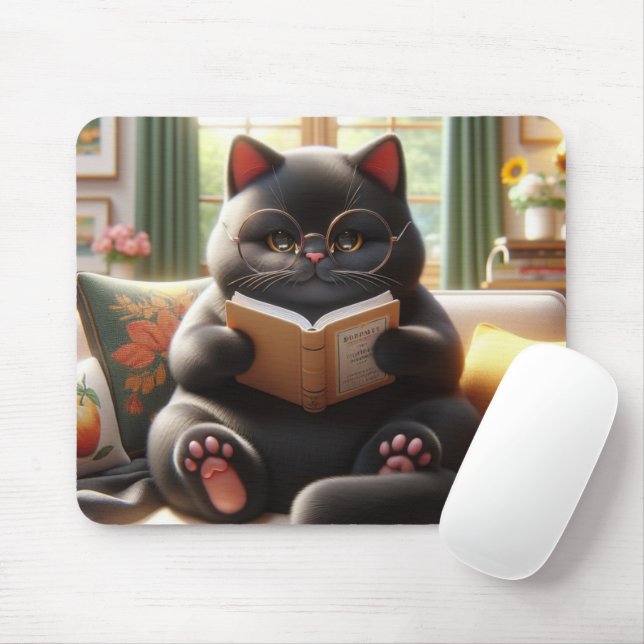 Cat is reading a book on sofa mouse pad (With Mouse)