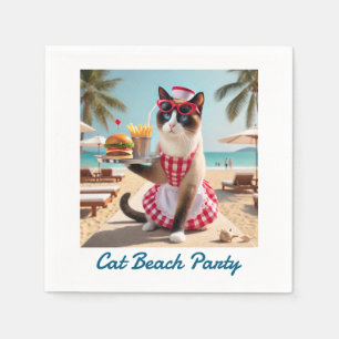 Cat is serving hamburger for beach party napkin