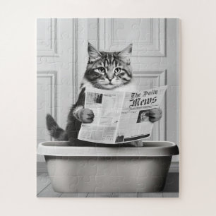 Cat is sitting on the Toilet, cat reading a news Jigsaw Puzzle