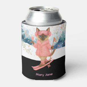 Cat is skiing in Pink outfit Bachelorette Party  Can Cooler