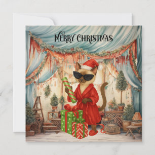 Cat is walking in the house full of Christmas deco Holiday Card