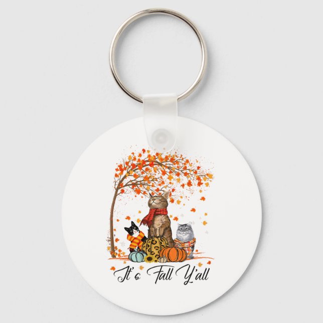 Cat It’s Fall Y’all Pumpkins Autumn Halloween Cat  Keychain (Front)