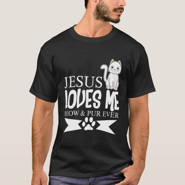 Cat Jesus Loves Me Meow Youth Christian T-Shirt (Front)