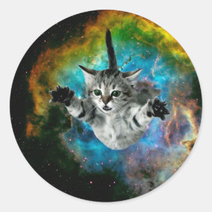 Cat jumping in space classic round sticker