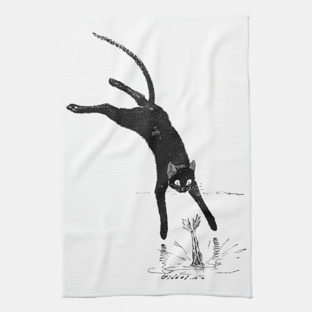 Cat Jumping into the Pond, Alexandre Steinlen Kitchen Towel (Vertical)