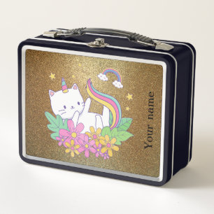 Cat Kawaii Golden sparkle Metal Lunch Box