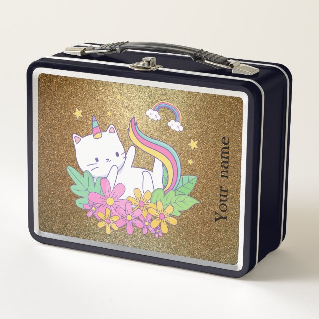 Cat Kawaii Golden sparkle Metal Lunch Box (Front)