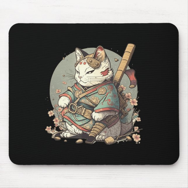 Cat Kawaii Style Samurai Anime Kitten Japanese  Mouse Pad (Front)