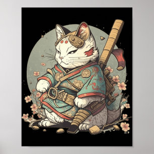 Cat Kawaii Style Samurai Anime Kitten Japanese  Poster