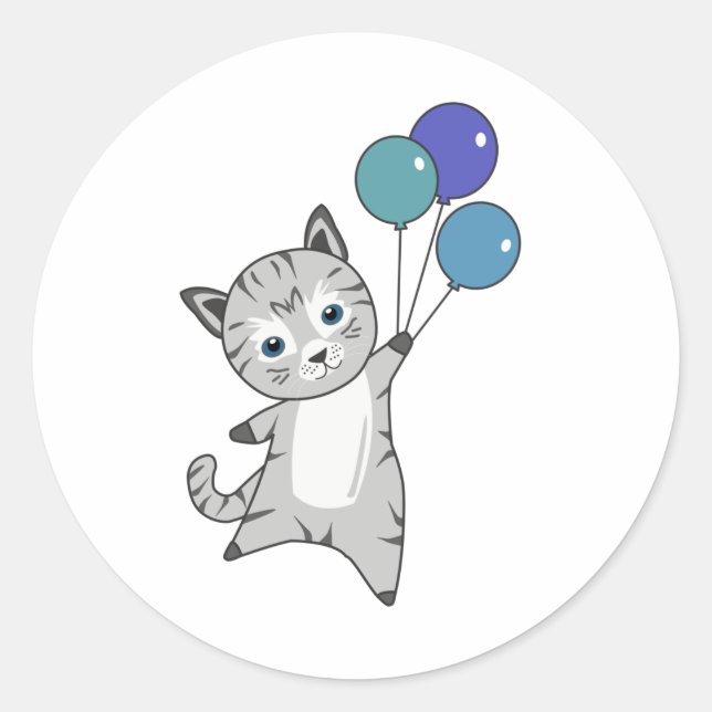 Cat Kitten Balloons Cute Animals Grey Cats Classic Round Sticker (Front)