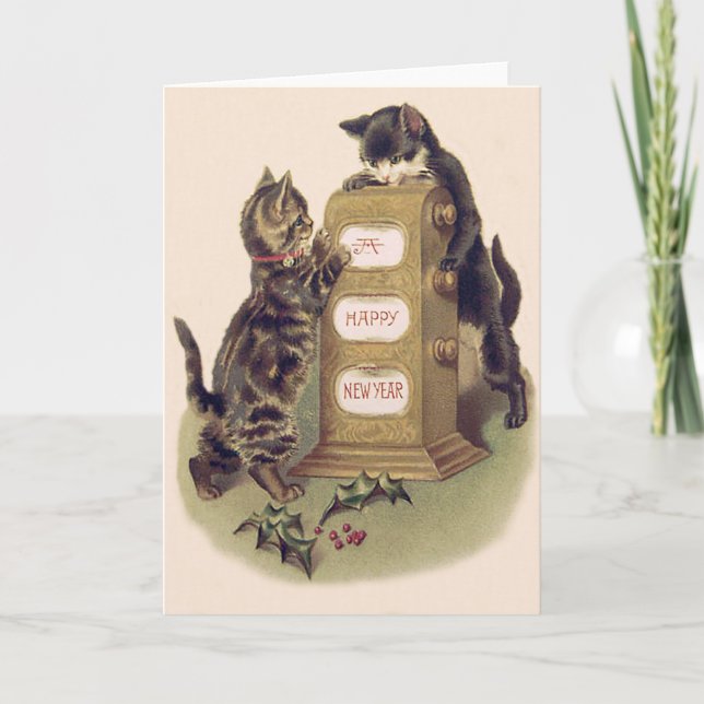 Cat Kitten Calendar Holly Holiday Card (Front)