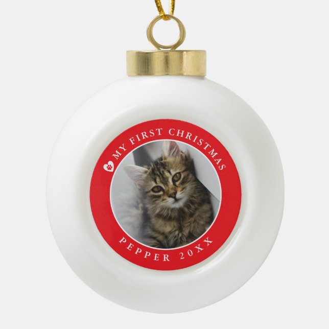 Cat Kitten First Christmas Photo Ceramic Ball Christmas Ornament (Front)