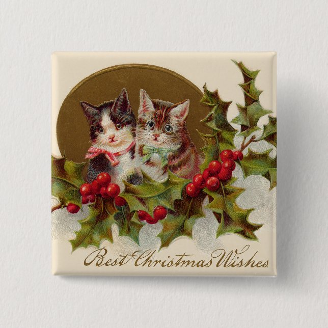 Cat Kitten Holly Winterberry 2 Inch Square Button (Front)