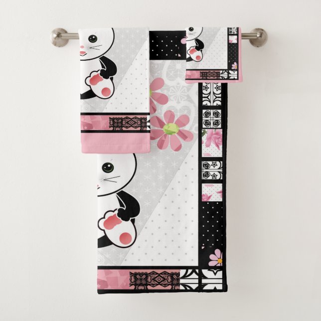 Cat kitten illustration kids childish print bath towel set (Insitu)