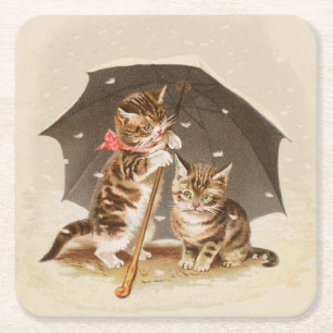 Cat Kitten kitty antique vintage pretty cute  Square Paper Coaster