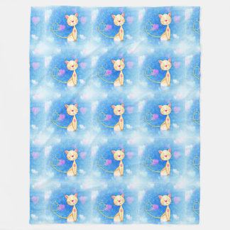 cat kitten meow pet purr cute hearts blue fleece blanket