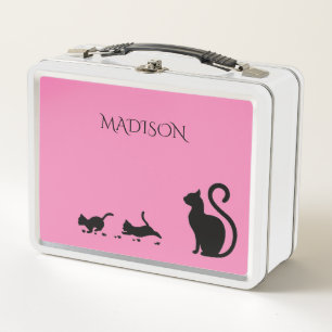 Cat/kitten metal lunch box in pink/custom name.