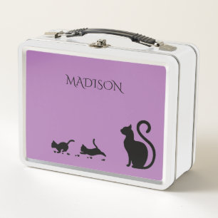 Cat/kitten metal lunch box in purple/custom name.