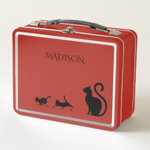 Cat/kitten metal lunch box in red/custom name.