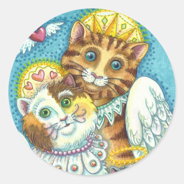CAT, KITTEN & MOUSE ANGELS IN HEAVEN, HALO & WINGS CLASSIC ROUND STICKER (Front)