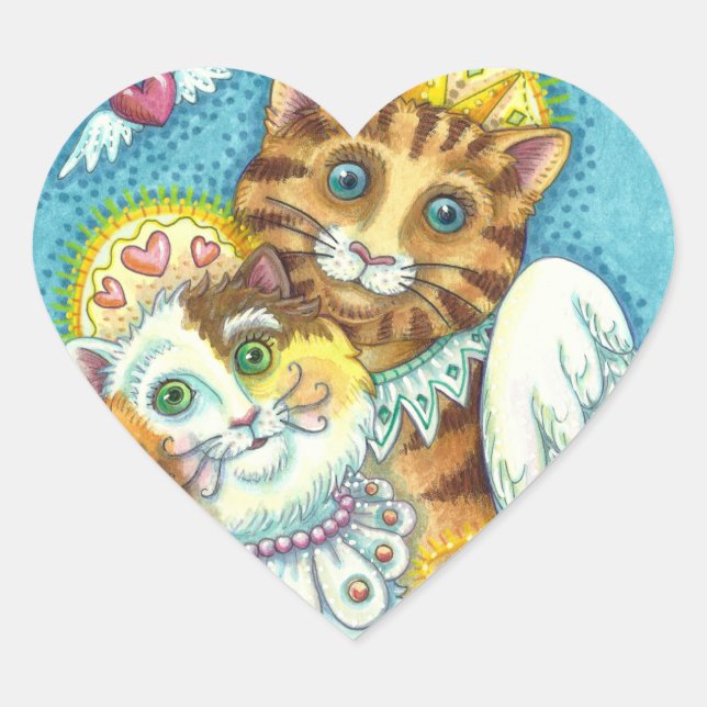 CAT, KITTEN & MOUSE ANGELS IN HEAVEN, HALO & WINGS HEART STICKER (Front)
