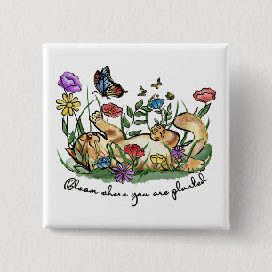 Cat kitten playing garden butterfly flowers bloom 2 inch square button