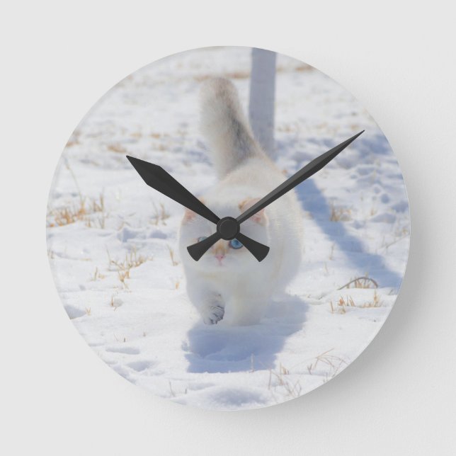 Cat, Kitten, Snow Round Clock (Front)