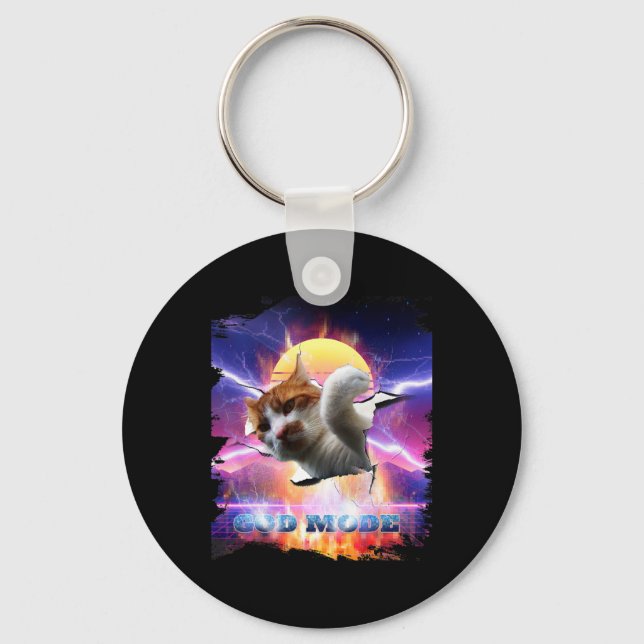 Cat Kitty Cracked Wall Gaming Gamer God Mode Funny Keychain (Front)