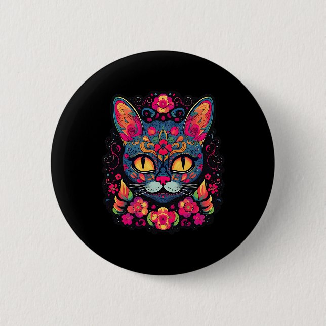 Cat Kitty Kitten Paws Sugar Skull Calavera Hallowe 2 Inch Round Button (Front)