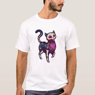 Cat Kitty Kitten Paws Sugar Skull Calavera Muertos T-Shirt