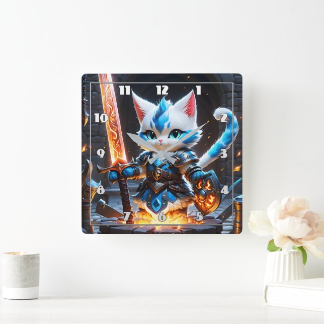 Cat Knight in Armour Wielding a Flaming Sword Square Wall Clock (Home)