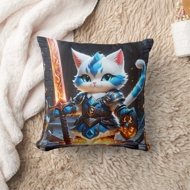 Cat Knight in Armour Wielding a Flaming Sword Throw Pillow (Blanket)