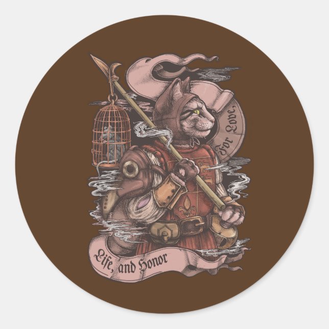 Cat Knight vintage print Classic Round Sticker (Front)