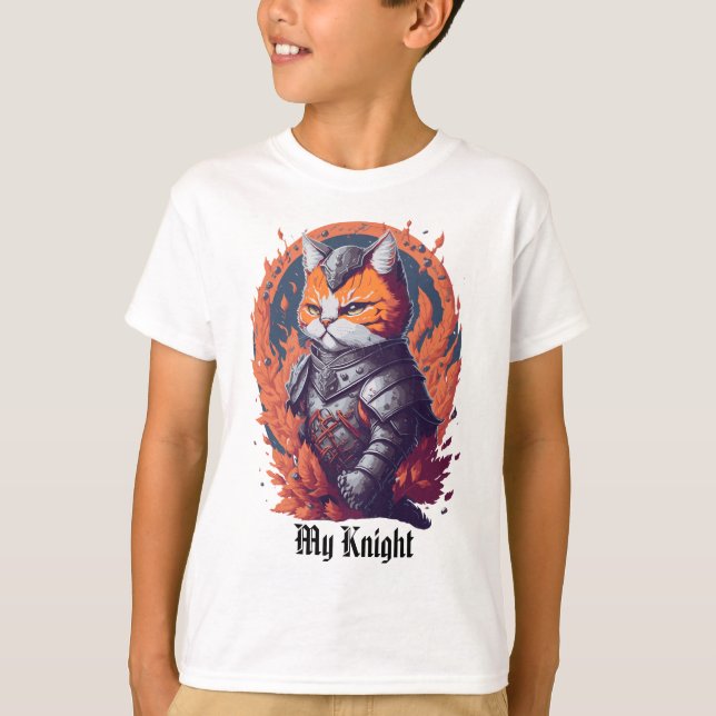 Cat Knight Warrior with Fire T-Shirt (Front)