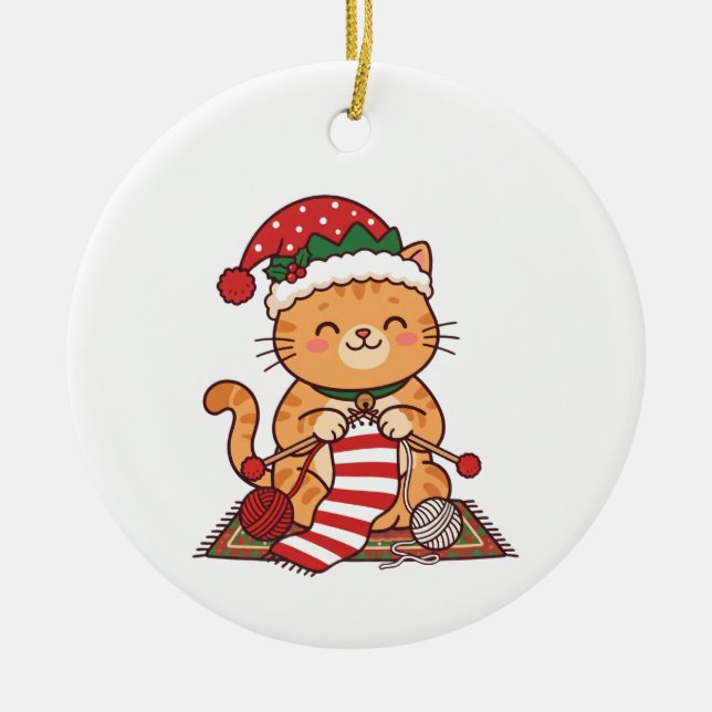 Cat Knitting Scarf Christmas Ornament Gift (Front)