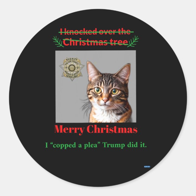 Cat Knocks Over The Christmas Tree  Classic Round Sticker (Front)