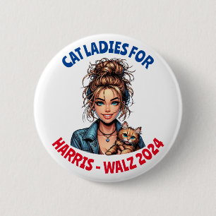 Cat Ladies for Harris and Walz Political Humour 2 Inch Round Button