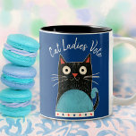 Cat Ladies Vote Script Feminist Rustic Cute Bold Two-Tone Coffee Mug<br><div class="desc">“Cat ladies vote”. Stand proud and share your support for Kamala Harris whenever you drink out of this cute, fun, graphic feminist coffee mug. A cute rustic country cat illustration in black, red, white and turquoise blue and white handwritten script typography overlay a navy blue background. Prove Vance wrong, proudly...</div>