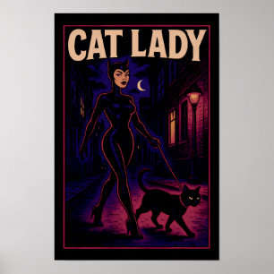 Cat Lady -Cats Art Lover- City Night Comic Graphic Poster