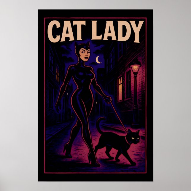 Cat Lady -Cats Art Lover- City Night Comic Graphic Poster (Front)