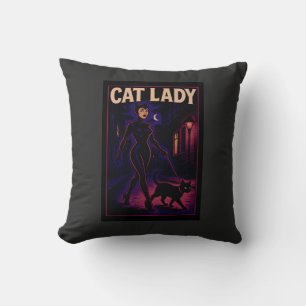 Cat Lady -Cats Art Lover- City Night Comic Graphic Throw Pillow