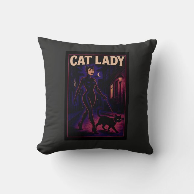 Cat Lady -Cats Art Lover- City Night Comic Graphic Throw Pillow (Front)