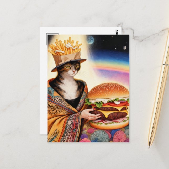Cat Lady French Fries Hat and a Cheeseburger Postcard (Front/Back In Situ)